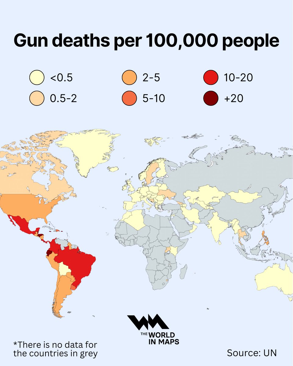 Hoy un amigo que vive en España me mandó este mapa. Me preguntó si estoy bien.

El color más oscuro, el que representa más de 20 muertes por armas de fuego por cada 100,000 personas, es el de Ecuador. Nuestro país.

Nos hemos convertido en uno de los países más violentos del