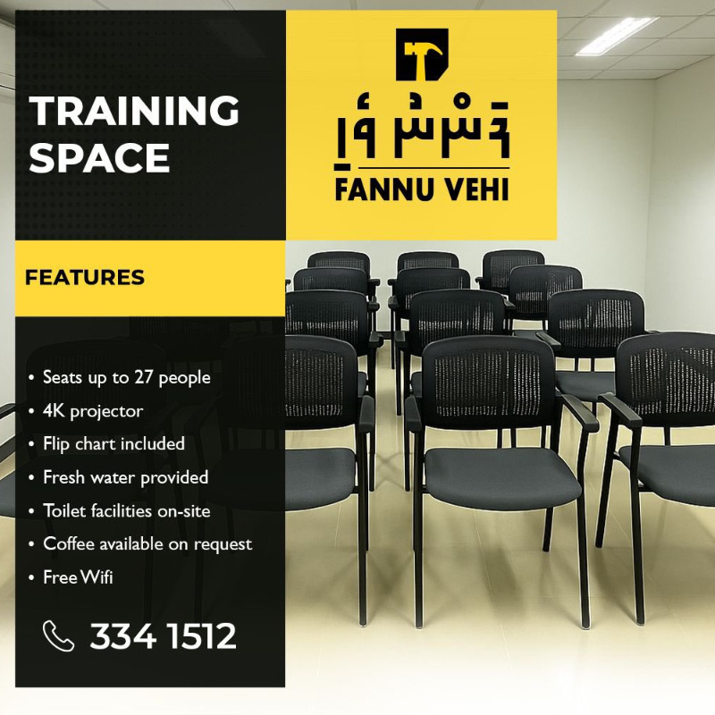 Book our fully equipped Fannu Vehi Training Space—ideal for workshops, seminars, and training sessions!

Call 334 1512 to reserve now!