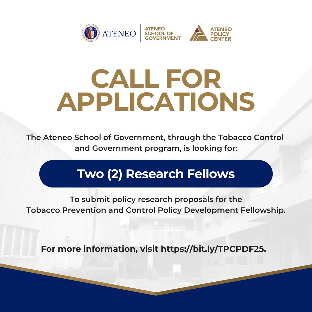 🚭CALL FOR APPLICATIONS!🚭
Tobacco Prevention and Control Policy Development Fellowship
Due: June 20, 2025

1. Program Description: bit.ly/TPCPDF2025Apps
2. Google Form: bit.ly/TPCPDF2025Apply
3. Proposal Template: bit.ly/TPCPDFProposal…
4. NTPCS 2030: bit.ly/NTPCS-2030