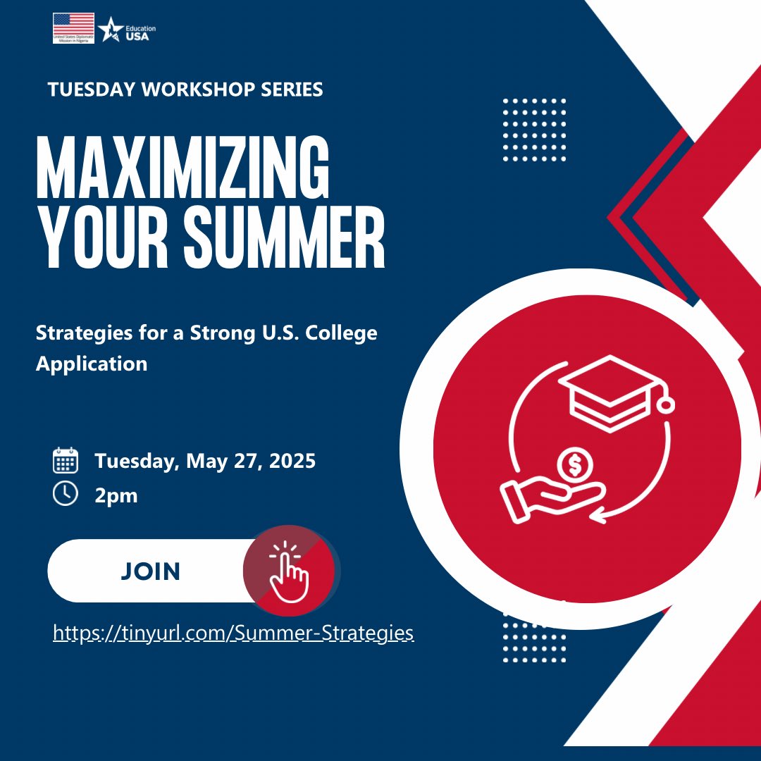 🎓 Maximizing Your Summer: Strategies for a Strong U.S. College Application
Are you still in school or planning to reapply for the next admission cycle? Join us this Tuesday, May 27, 2025, at 2 PM for a high-impact webinar on how to use your summer to build a competitive U.S.