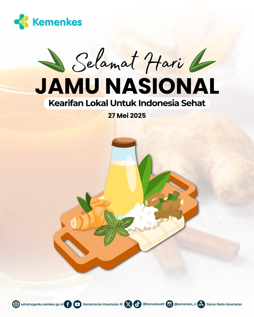 Hai #SobatSehat.

Selamat Hari Jamu Nasional 2025! 🌿

Jamu itu warisan, sekaligus gaya hidup sehat masa kini.
Sehat alami, khas Indonesia!

Salam Sehat.
#KemenkesRI #Farmalkes #HariJamuNasional #SehatDenganJamu #Jamu
