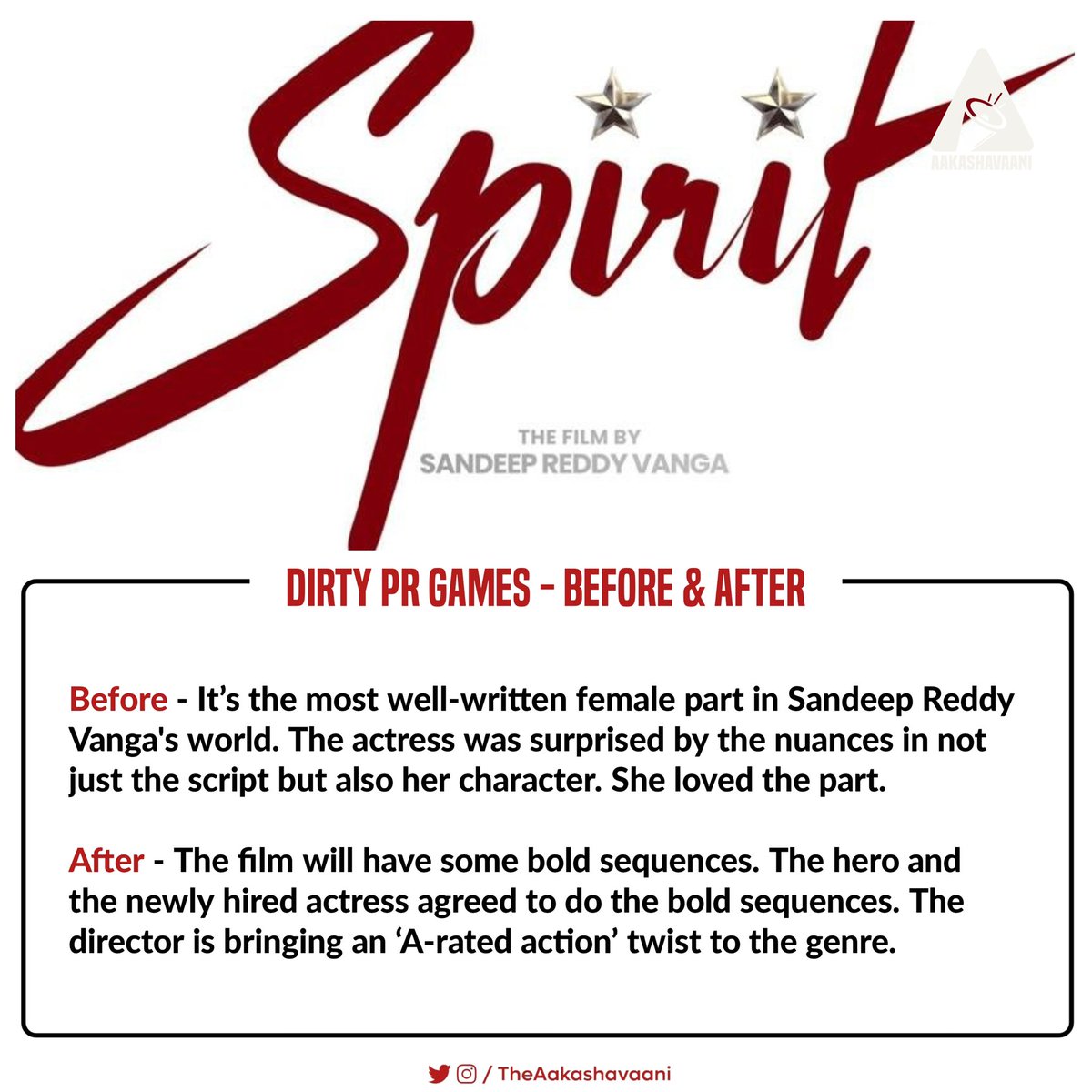 TheAakashavaani's tweet photo. #DirtyPRGames - Here is a snippet of two articles written by the same person. 

One is about when the actress said ‘Yes’ to act in the movie, and the other is about when the director replaced the actress with another one. https://t.co/xzv4V7G3K6