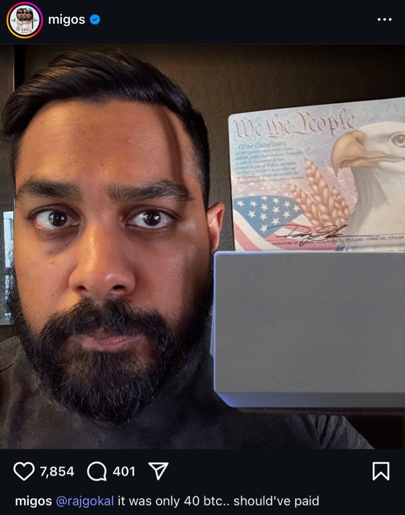 BREAKING:

Famous rapper ‘Migos’ IG account appears to be hacked and has posted photos of Solana co-founder <a href="/rajgokal/">raj 🖤</a> ID, passport, &amp; more with sensitive info leaked.

Caption reads “you should’ve paid the 40 btc” which reads like a failed bribe.
