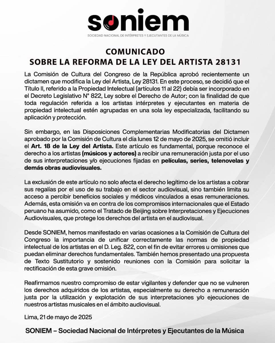 Un abrazo a todo el equipo de mi querida <a href="/SoniemPeru/">Soniem Perú</a> y a todos los intérpretes de la música y también a la comunidad de actores del Perú. Qué la corrupción no siga destruyendo la industria creativa ni ninguna otra industria en el Perú