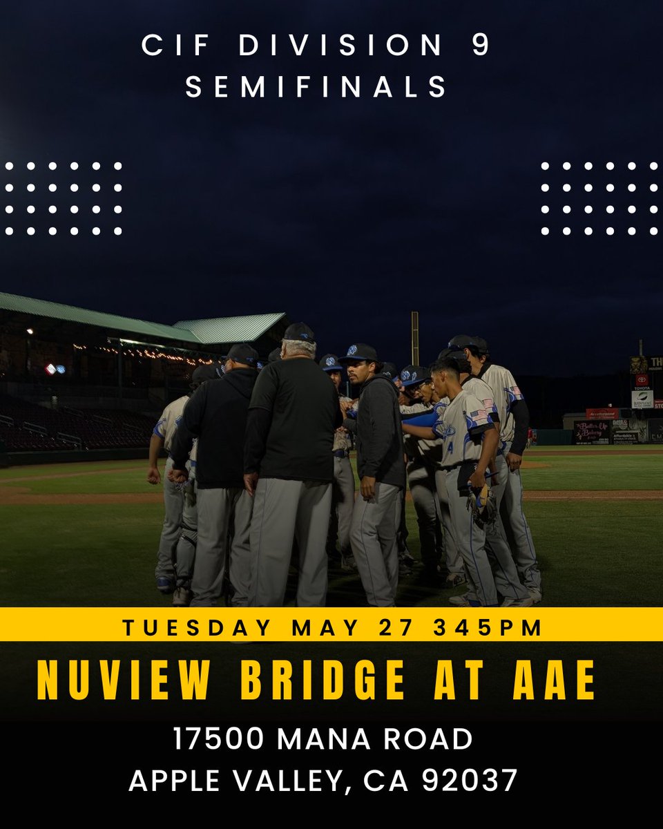 bballcoachd's tweet photo. CIF Division 9 Semifinals! The Knights travel up to the High Desert on Tuesday to take on AAE at 345pm for a spot in the CIF Division 9 Finals. #IAGDTBAK #defendthebridge @IE_Baseball_HQ @Inland_Sports @IE_Varsity @CallMeEPJ @derryl_golfer https://t.co/08fsjmB1W7