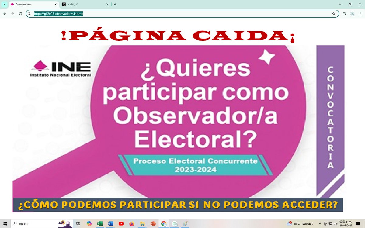 🚨 Atención! La página del <a href="/INE/">INE</a> pjf2025-observadores.ine.mx/para tomar el curso de capacitación y acreditarse como observador electoral ¡está caída!⚠️
<a href="/mileniotv/">Milenio Televisión</a> <a href="/LaRazon_mx/">La Razón de México</a> <a href="/elsolde_mexico/">El Sol de México</a> <a href="/floresaquino/">Juan Carlos Flores A</a> <a href="/Reporte_Indigo/">Reporte Índigo</a> <a href="/DiarioImagen/">Diario Imagen</a> <a href="/eldia/">El Día</a> <a href="/heraldodemexico/">El Heraldo de México</a> <a href="/LaCronicaDeHoy/">La Crónica de Hoy</a> <a href="/eleconomista/">El Economista</a>