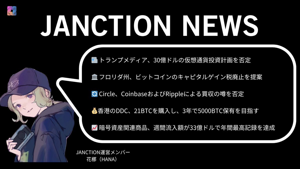 JANCTION NEWS 5/27（火） 見逃したくない最新のWeb3ニュースをチェック⚡️ 📰 #トランプメディア、#30億ドル  の仮想通貨投資計画を否定 🏛 #フロリダ州、ビットコインの #キャピタルゲイン税廃止 を提案 🔄 #Circle、#Coinbase および # Ripple による買収の噂を否定 ...