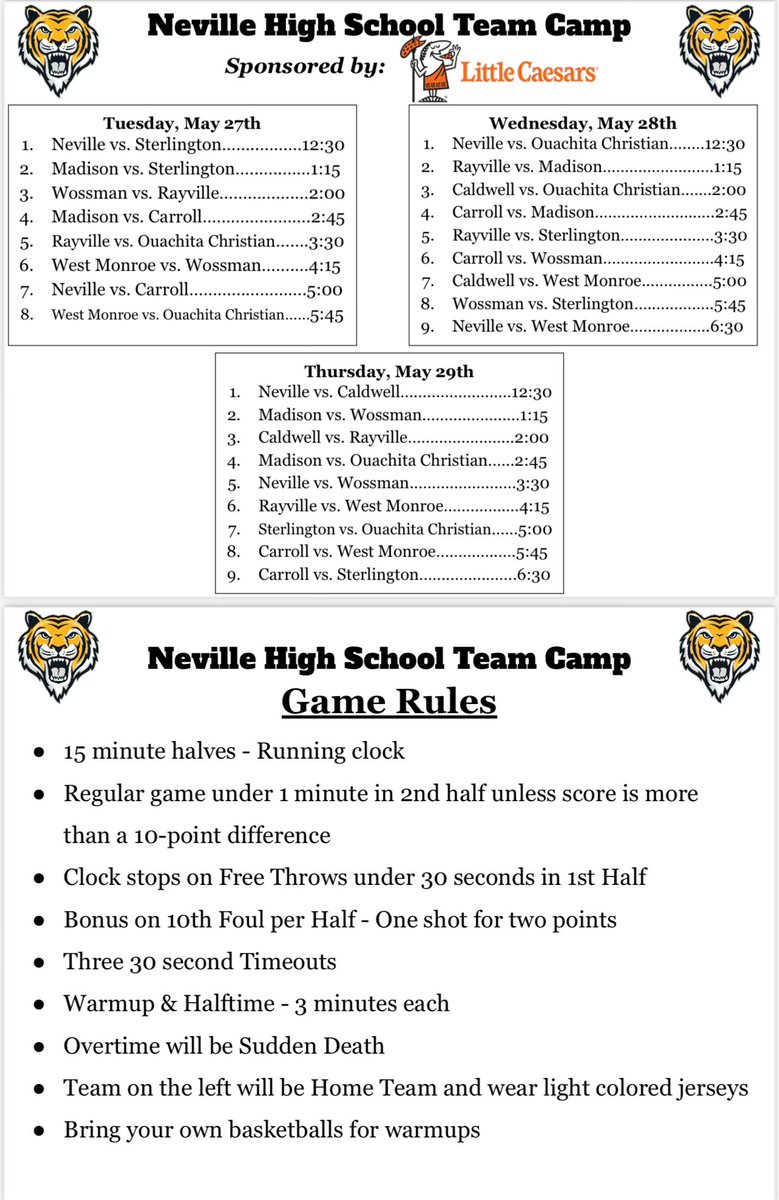 Summer 2025 basketball action starts with a competitive team camp at Neville HS ~ check out the schedule and come support our Panther boys basketball team