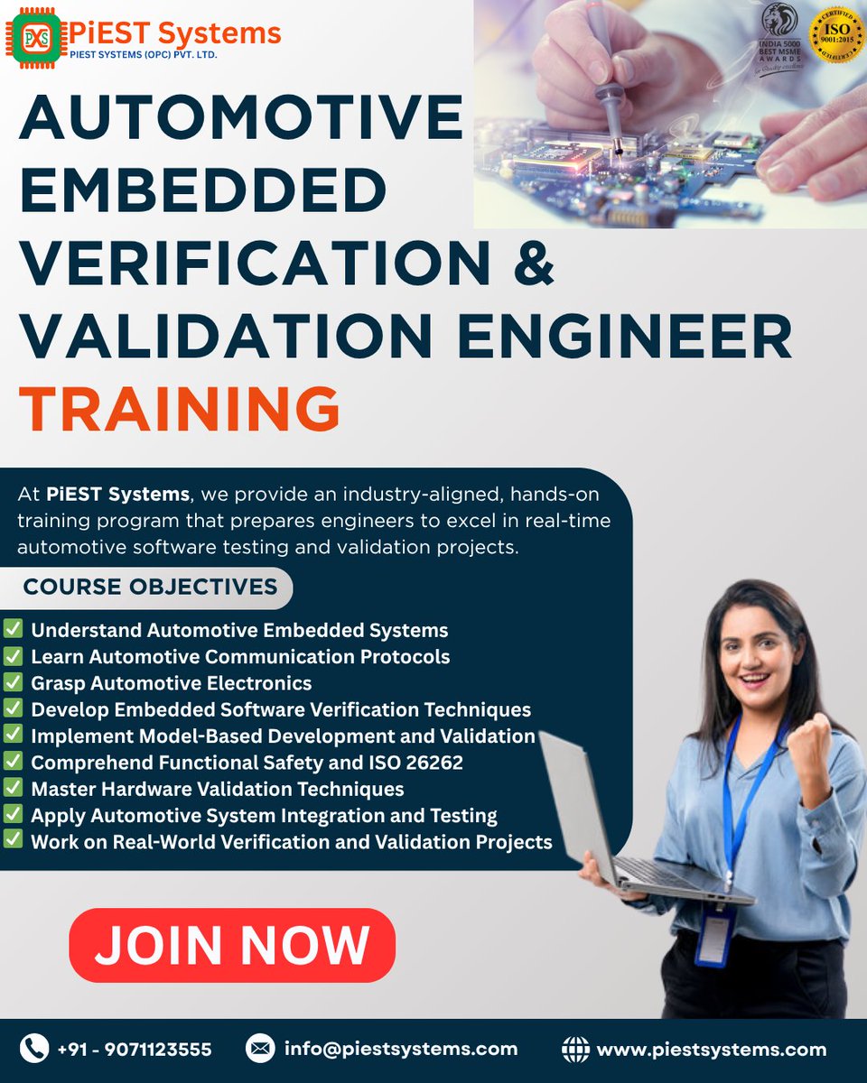piestsystems's tweet image. 🚖 Become an Automotive Embedded Verification & Validation Engineer 🚖
📩 Start your journey with us:
🌐 piestsystems.com/automotive-emb… | 📱 +91-9071123555
#AutomotiveVnV #VerificationEngineer #ValidationEngineer
#EmbeddedTesting #AutomotiveTesting #ECUTesting