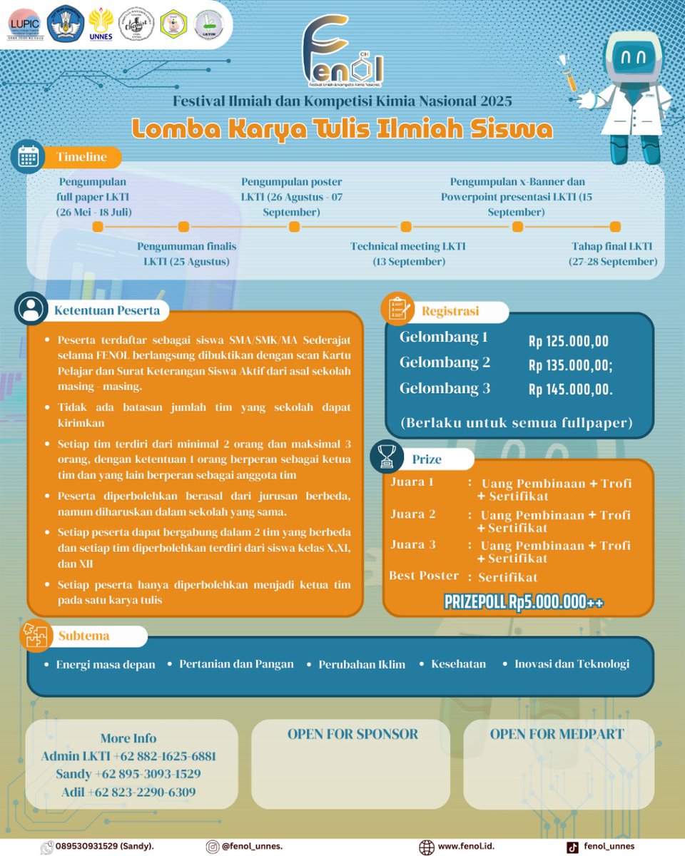 lktim_unnes's tweet photo. [HIMPUNAN MAHASISWA KIMIA FMIPA UNIVERSITAS NEGERI SEMARANG PROUDLY PRESENT ] 

📝 LOMBA KARYA TULIS ILMIAH SISWA 2025 📝

Halo, Writers Generation ❕󰚗

Akhirnya lomba yang ditunggu-tunggu sudah hadir, nih 🤩 https://t.co/4xmqi01Jdy
