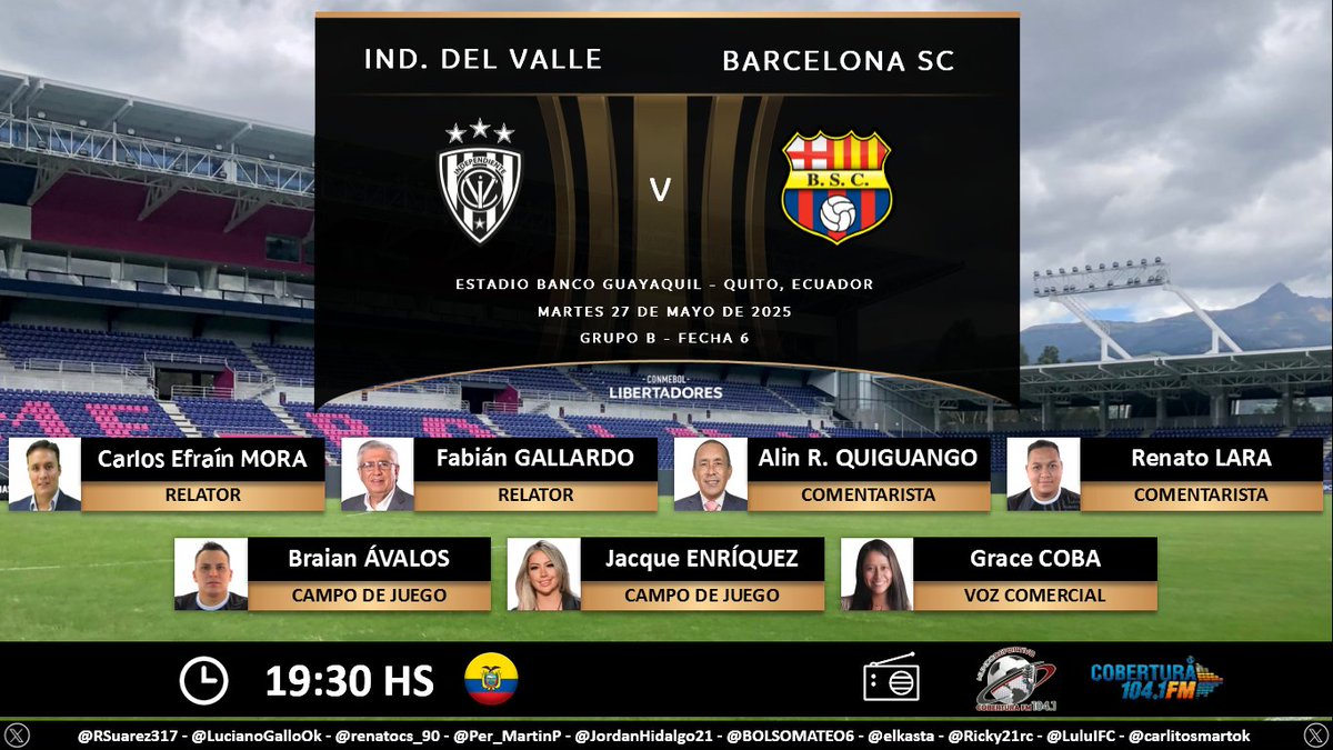 Puntaje Ideal EC (@puntajeidealec) on Twitter photo ⚽ #Libertadores | 🇪🇨 #IDV vs. #BarcelonaSC 🇪🇨
🎙 Relatores: <a href="/CarlosEfrainM/">Carlos Efraín Mora M</a> - <a href="/FABIANGALLARDOM/">Fabian Gallardo M.</a>
🎙 Comentaristas: <a href="/alinroberto/">𝑨𝒍𝒊𝒏 𝑹𝒐𝒃𝒆𝒓𝒕𝒐 𝑸𝒖𝒊𝒈𝒖𝒂𝒏𝒈𝒐 𝑼.</a> - <a href="/RenatoLara6/">Renato Lara</a>
⛳️ Cancha: <a href="/Braian_AvalosG/">Braian Andrés Avalos</a> - <a href="/jacqueenriquez5/">Jacque Enríquez</a>
🎙 Voz Com: <a href="/gracewalker_23/">Grace Coba Yar</a>
📻 <a href="/MundoDeporEC/">MUNDO DEPORTIVO EC 🇪🇨</a> en <a href="/CoberturaFM/">Cobertura FM 104.1 FM</a>
🤳 #MundoDeportivoEC
Dale RT 🔃 ⚽ #Libertadores | 🇪🇨 #IDV vs. #BarcelonaSC 🇪🇨
🎙 Relatores: <a href="/CarlosEfrainM/">Carlos Efraín Mora M</a> - <a href="/FABIANGALLARDOM/">Fabian Gallardo M.</a>
🎙 Comentaristas: <a href="/alinroberto/">𝑨𝒍𝒊𝒏 𝑹𝒐𝒃𝒆𝒓𝒕𝒐 𝑸𝒖𝒊𝒈𝒖𝒂𝒏𝒈𝒐 𝑼.</a> - <a href="/RenatoLara6/">Renato Lara</a>
⛳️ Cancha: <a href="/Braian_AvalosG/">Braian Andrés Avalos</a> - <a href="/jacqueenriquez5/">Jacque Enríquez</a>
🎙 Voz Com: <a href="/gracewalker_23/">Grace Coba Yar</a>
📻 <a href="/MundoDeporEC/">MUNDO DEPORTIVO EC 🇪🇨</a> en <a href="/CoberturaFM/">Cobertura FM 104.1 FM</a>
🤳 #MundoDeportivoEC
Dale RT 🔃