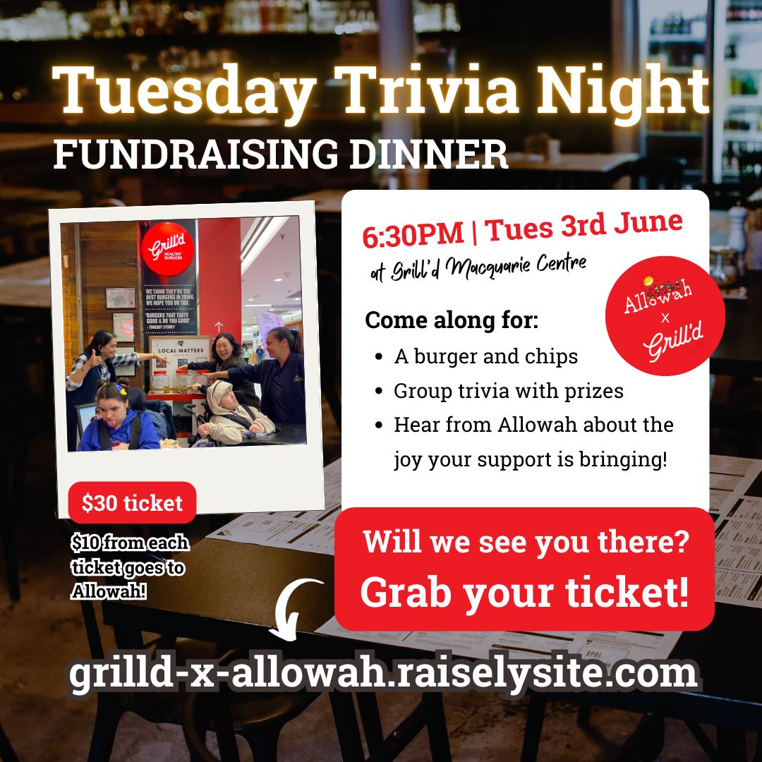 🍔 Trivia Night Fundraiser for Allowah! 🍟

📅 Tue 3 June | 🕡 6:30–8:30pm
📍 Grill’d Macquarie Centre
🎉 Prizes, trivia, dinner &amp; more

🎟️ RSVP by 30 May – spots are limited!
grilld-x-allowah.raiselysite.com

#fundraisingdinner #grilld #trivianight #macquariecentre