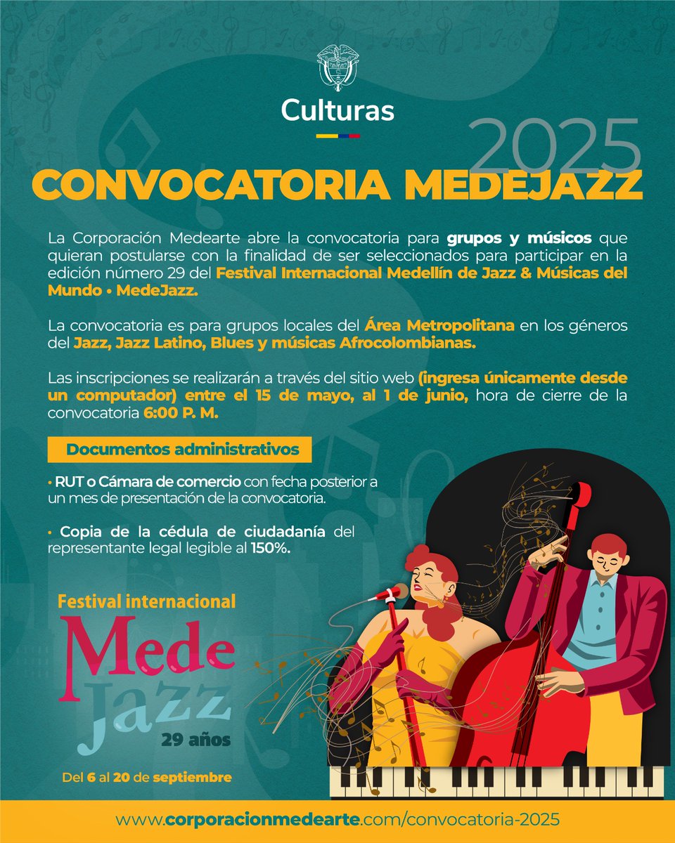 🎷 No dejes pasar la oportunidad de ser parte del #MedeJazz2025, te esperamos 🎷

<a href="/mincultura/">MinCultura Colombia</a> <a href="/AlcaldiadeMed/">Alcaldía de Medellín</a> <a href="/FiestaLibro/">Fiesta del Libro</a> <a href="/salsaconestilo/">SalsaConEstilo.com</a> <a href="/BPPiloto/">Biblioteca Pública Piloto</a> <a href="/EventosMedellin/">Eventos Medellín</a> <a href="/IntlJazzDay/">InternationalJazzDay</a> <a href="/latinastereo/">Latina Stereo🌴</a> @FundacionEPM <a href="/casadelamusicaq/">Casa de la Música</a>