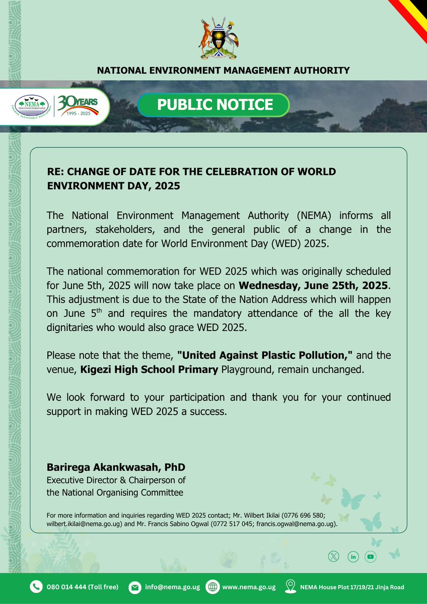 National Environment Management Authority (NEMA) (@nemaug) on Twitter photo ๐ฃ๐จ๐๐๐๐ ๐ก๐ข๐ง๐๐๐!!
The national commemoration for ๐ช๐ผ๐ฟ๐น๐ฑ ๐๐ป๐๐ถ๐ฟ๐ผ๐ป๐บ๐ฒ๐ป๐ ๐๐ฎ๐, ๐ฎ๐ฌ๐ฎ๐ฑ which was originally scheduled for June 5th, 2025 will now take place on ๐ช๐ฒ๐ฑ๐ป๐ฒ๐๐ฑ๐ฎ๐, ๐๐๐ป๐ฒ ๐ฎ๐ฑ๐๐ต, ๐ฎ๐ฌ๐ฎ๐ฑ. ๐ฃ๐จ๐๐๐๐ ๐ก๐ข๐ง๐๐๐!!
The national commemoration for ๐ช๐ผ๐ฟ๐น๐ฑ ๐๐ป๐๐ถ๐ฟ๐ผ๐ป๐บ๐ฒ๐ป๐ ๐๐ฎ๐, ๐ฎ๐ฌ๐ฎ๐ฑ which was originally scheduled for June 5th, 2025 will now take place on ๐ช๐ฒ๐ฑ๐ป๐ฒ๐๐ฑ๐ฎ๐, ๐๐๐ป๐ฒ ๐ฎ๐ฑ๐๐ต, ๐ฎ๐ฌ๐ฎ๐ฑ.