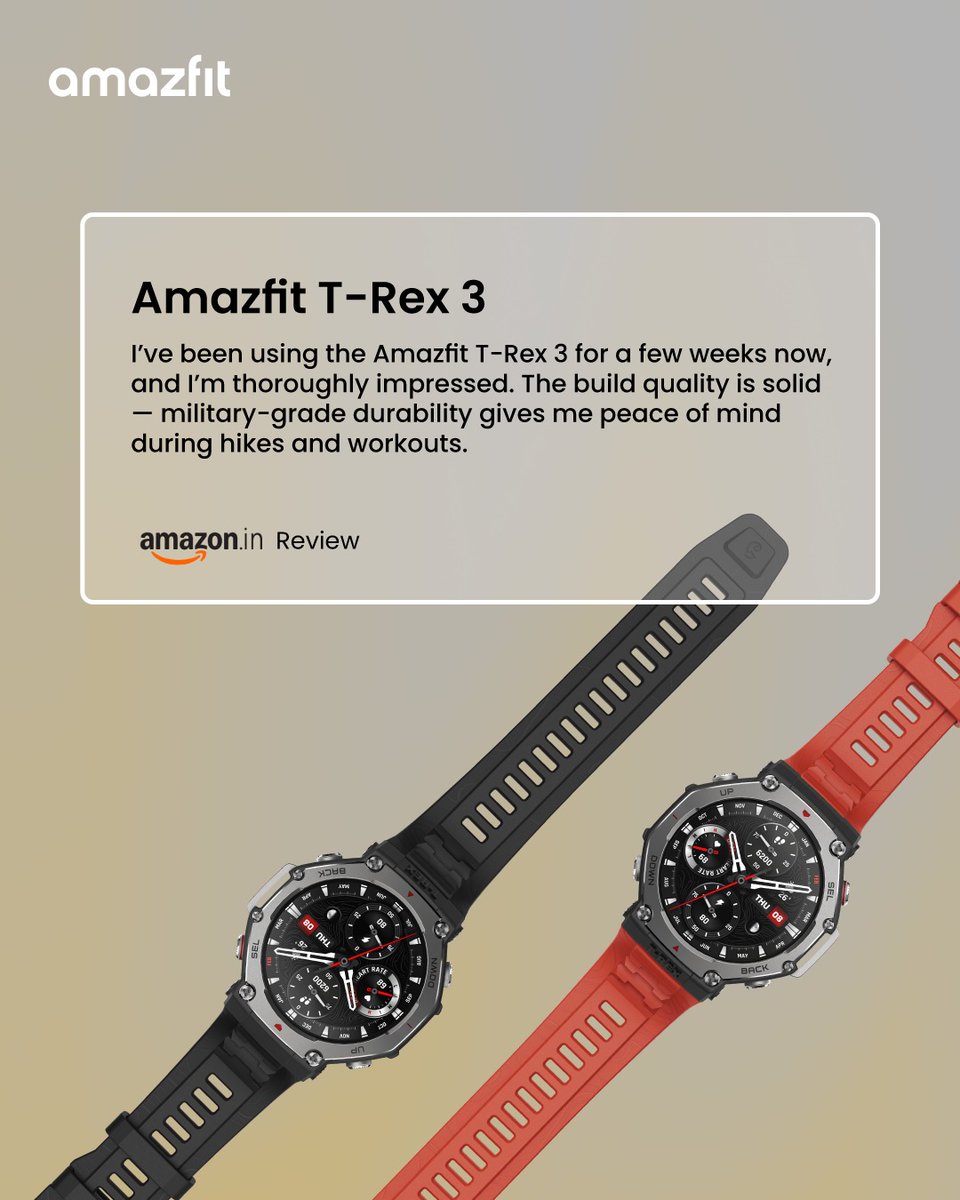 AmazfitIN's tweet image. &quot;Peace of mind through proven durability&quot; 
The Amazfit T-Rex 3 stands up to every challenge. 
Shop now at amazon.in and in.amazfit.com
#AmazfitTRex3 #ReliableTech #Built2Last