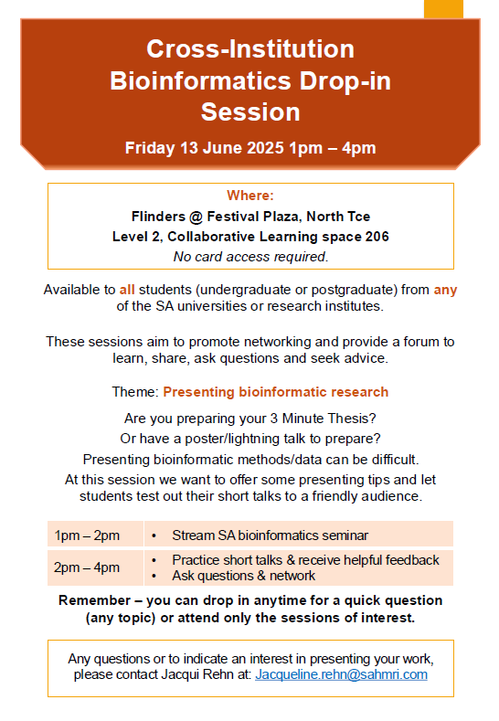 AUGradSchool's tweet photo. Cross-Institution Bioinformatics Drop-in Session

📅 Friday 13 June 2025
🕐 1–4pm
📍 Flinders @ Festival Plaza, Level 2, CL Space 206

#Bioinformatics #HDRCommunity https://t.co/hlKvuA7jED