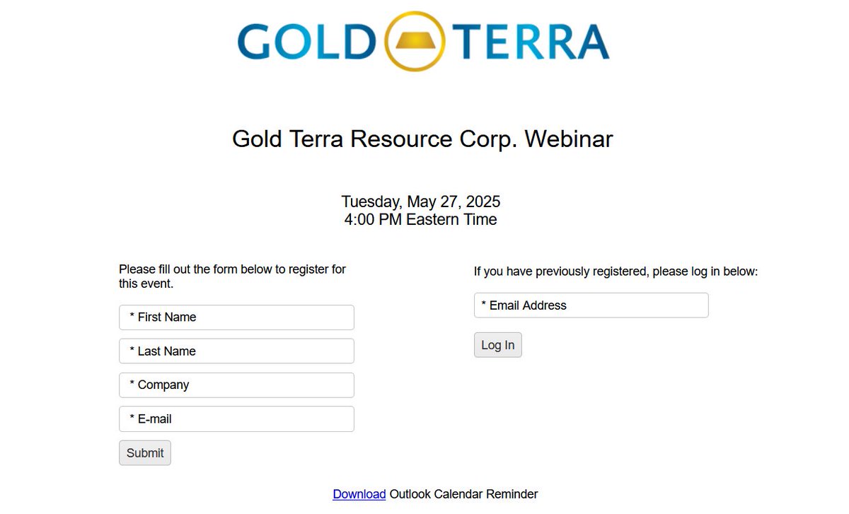Gold Terra Resource will be hosting a webinar on Tuesday, May 27th @ 4 pm EST / 1 pm PST. Please join us to hear our Chairman/CEO, Gerald Panneton, discuss our Company's exploration strategy for high-grade #gold in the Yellowknife Gold Belt.
You can register today to reserve your