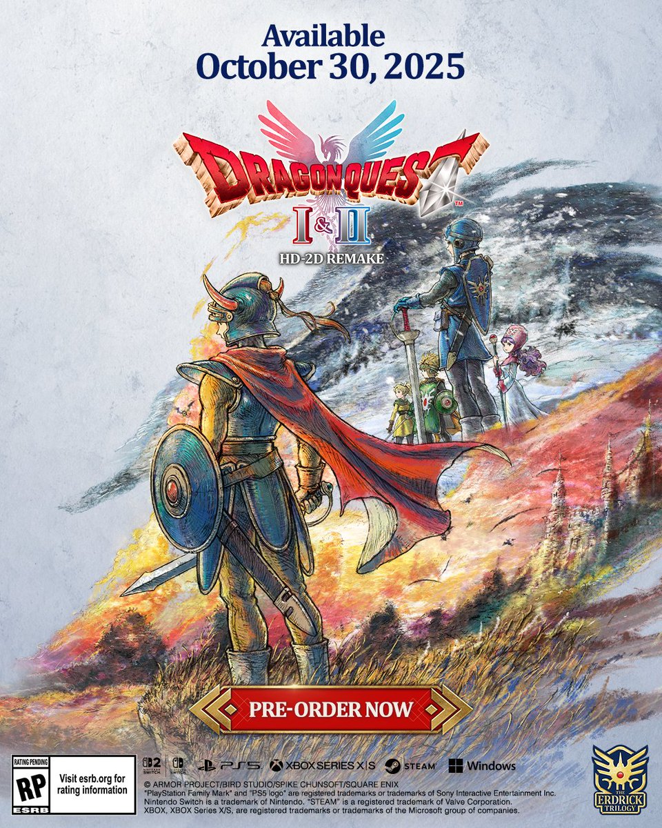 DragonQuest's tweet image. Happy #DragonQuestDay to all who celebrate! π
We're excited to announce that #DragonQuest I & II HD-2D Remake arrives 30th October 2025.
Coming to Nintendo Switch 2, Nintendo Switch, PlayStation 5, Xbox Series X|S, and PC via Steam and Microsoft Store on Windows.
Pre-ordersβ¦
