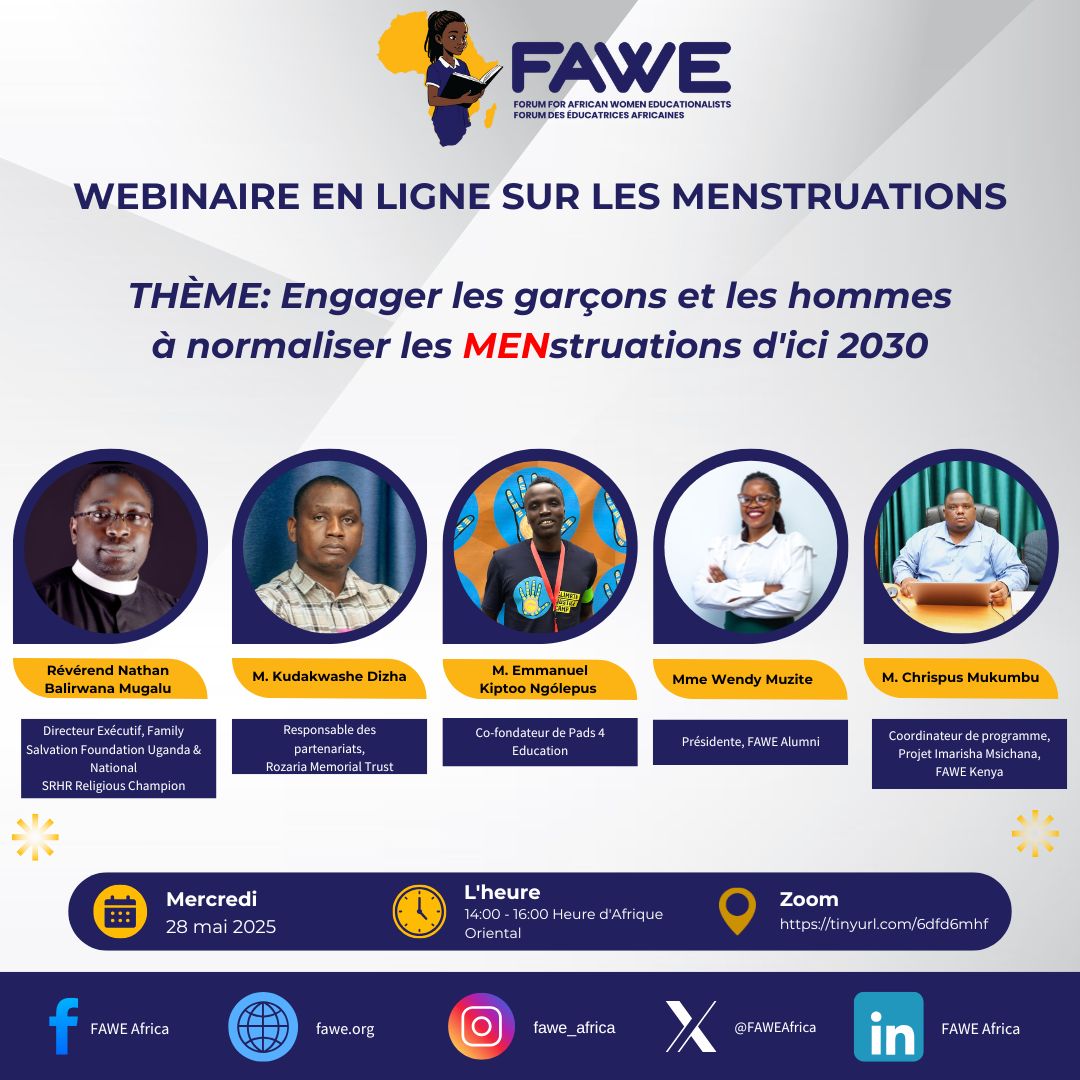 FAWEAfrica's tweet photo. This May 28th, FAWE is leading the charge to engage boys & men in ending period stigma by 2030.
Date: 28th May 2025
Online: Zoom
Secure your spot: https://t.co/43bfMTWrVH
#MenstrualHygieneDay
#PeriodFriendlyWorld #EndPeriodStigma #EngageMen https://t.co/9PSVwC0hUt