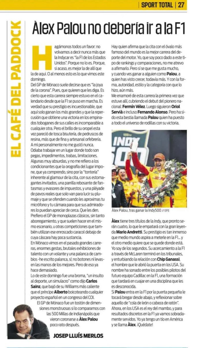 📰🗞️

“Álex Palou no debería ir a la F1”.

✍🏽☕️ <a href="/JLlMerlos/">Josep Lluís MERLOS</a>, Diario Sport.