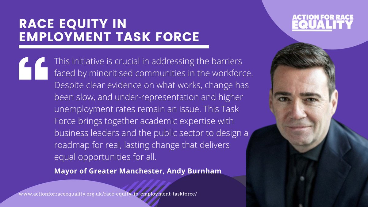 Two weeks ago, we launched the #RaceEquity in Employment Task Force and held our first meeting, chaired by Mayor Andy Burnham. 

The group will develop recommendations to improve outcomes for young people from Black, Asian &amp; MixedHeritage backgrounds. 

ow.ly/hNmc50VXSqG