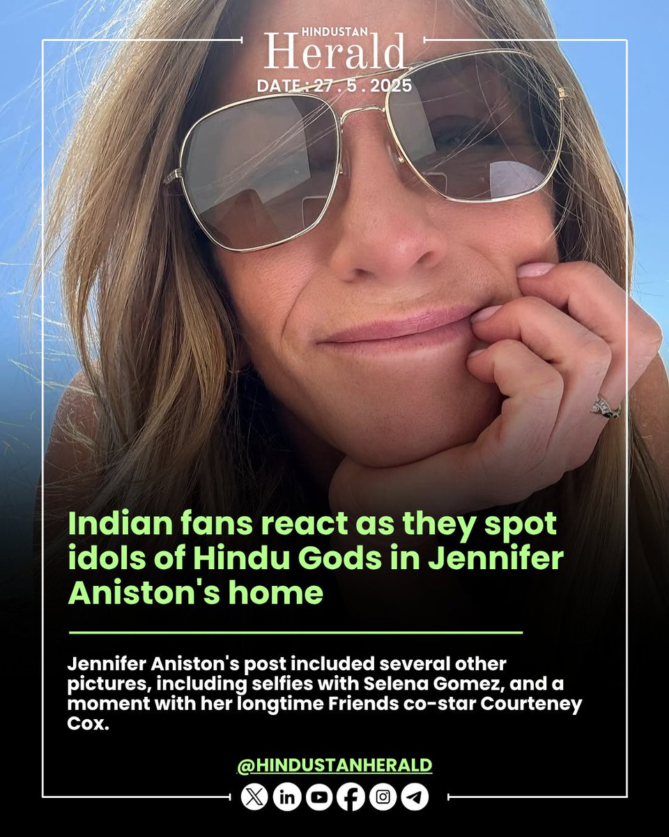 hindustanherald's tweet image. Jennifer Aniston’s Sunday Funday post caught everyone’s eye — not just for the fun vibes, but for the Hindu goddess Lakshmi idol spotted among her décor! Indian fans are loving this beautiful nod to spirituality.

#JenniferAniston #Lakshmi #IndianSpirituality #HindustanHerald