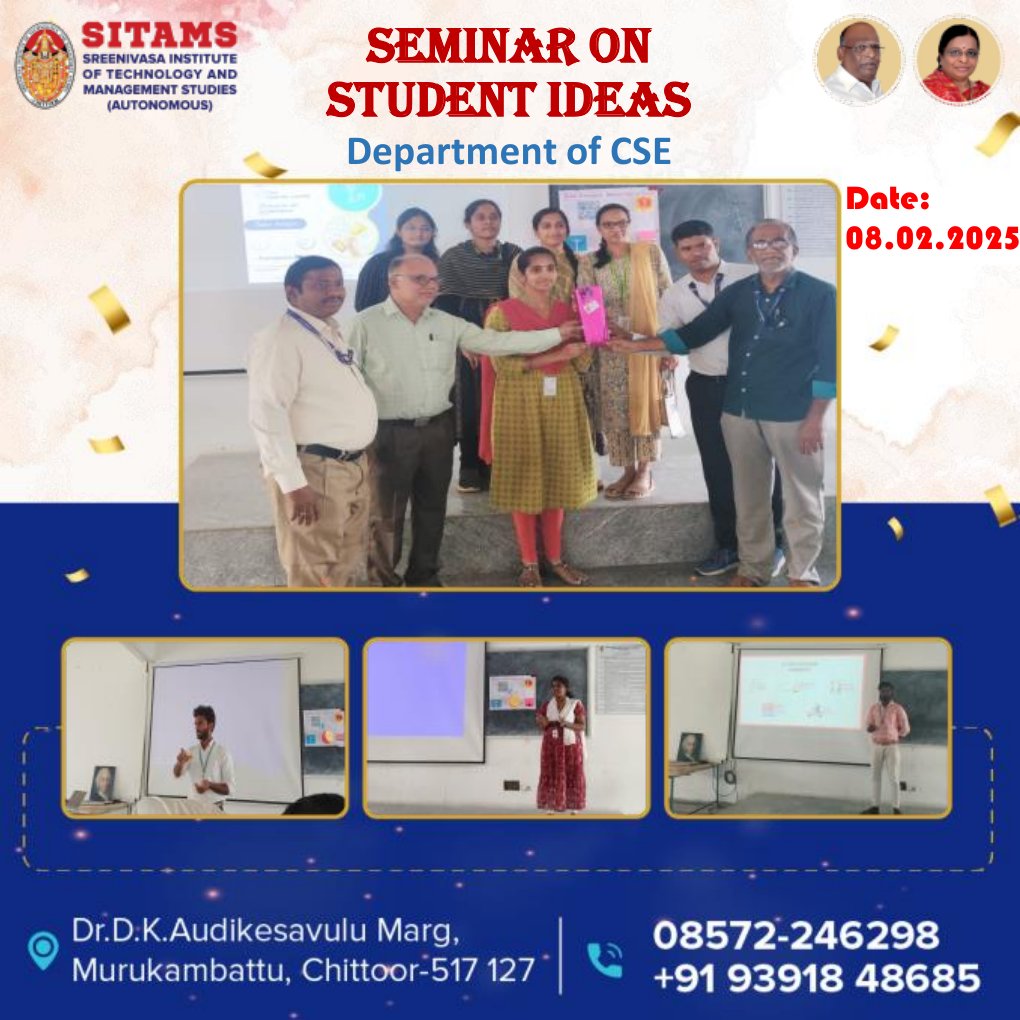 Sitamsofficial's tweet image. 💡 Seminar on Student Ideas – CSE Dept. @ SITAMS!
🗓️ 08.02.2025 | 🚀 Future tech minds shared brilliant concepts.
🎓 Nurturing innovation, one idea at a time!
🌐 sitams.ac.in | ☎️ 93918 48685 | Code: SSCC
#SITAMS #StudentIdeas #CSEDept #InnovationMatters #TechEducation