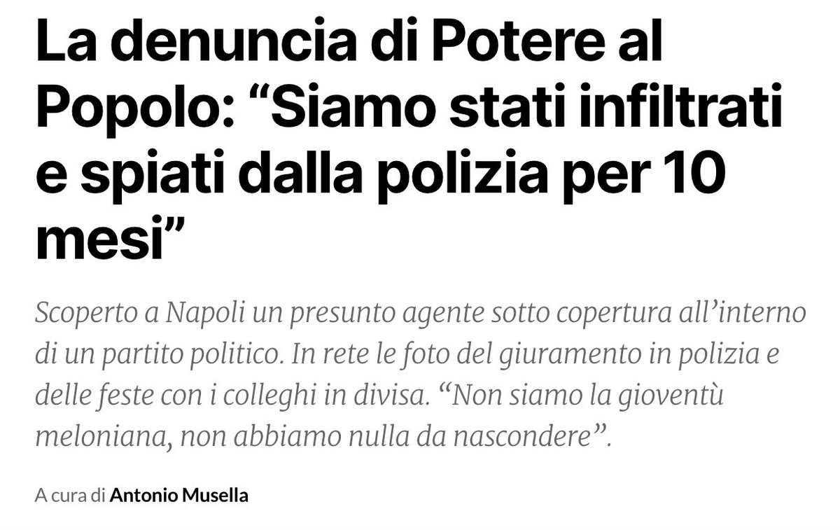 "Infiltrarsi nelle riunioni dei partiti politici è un metodo da regime" diceva Giorgia Meloni giusto un anno fa. 

Sì, è un metodo da regime. 
Se a infiltrarsi è la polizia. 

fanpage.it/politica/la-de…

<a href="/AntonioMusella/">Antonio Musella</a> <a href="/potere_alpopolo/">Potere al Popolo</a>