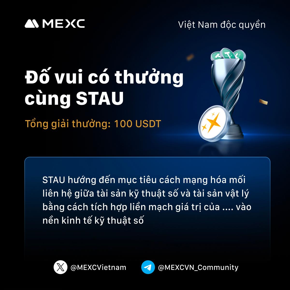 MEXCVietnam's tweet photo. 🔥 MEXC Việt Nam độc quyền: Đố vui có thưởng cùng STAU
Sự kiện độc quyền của MEXC lại tới rồi đây, anh em sẵn sàng giải mã để nhận ngay airdrop siêu hời chưa. Tranh thủ tham gia ngay nhé!

🗓 Thời gian sự kiện: ngày 27/05/2025 - 23:59, ngày 31/05/2025

🔔 Nhiệm vụ:
🔻Tham gia trả lời câu hỏi về token STAU
🔻Tag 3 người bạn vào phần bình luận để kêu gọi tham gia
🔻Follow các fanpage của MEXC trên Youtube/ Facebook/ X

👍 Tham gia sự kiện ngay tại đây:
https://t.co/c1isyhjtjo

🪩 Phần thưởng: 20 người hợp lệ may mắn ngẫu nhiên chia sẻ 100 USDT