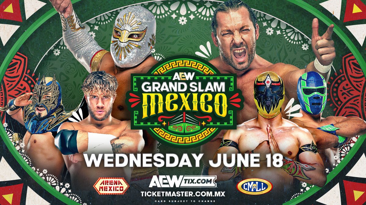 AEW LIVE EVENTS (@aewlive) on Twitter photo 🇲🇽 For the first time ever, AEW is coming to Mexico City, partnering with <a href="/CMLL_OFICIAL/">Lucha Libre CMLL</a>, to bring #AEWGrandSlamMexico to the historic Arena México in Mexico City on Wednesday, June 18.
Production holds have been released, and limited seats are now available for sale!
🎟️ 🇲🇽 For the first time ever, AEW is coming to Mexico City, partnering with <a href="/CMLL_OFICIAL/">Lucha Libre CMLL</a>, to bring #AEWGrandSlamMexico to the historic Arena México in Mexico City on Wednesday, June 18.
Production holds have been released, and limited seats are now available for sale!
🎟️