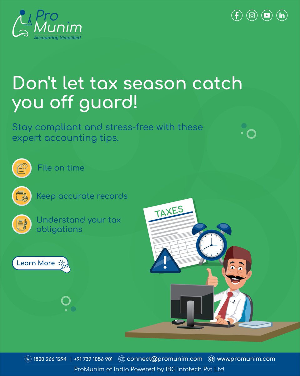ProMunimindia's tweet photo. 📢 Don’t Let Tax Season Catch You Off Guard!

Stay compliant and stress-free with expert accounting tips from ProMunim:

Learn More:
📞 1800 266 1294 | +91 739 1056 901
📧 connect@promunim.com
🌐 https://t.co/vGjrLJ9VtR

#ProMunim #TaxSeasonIndia #AccountingTips #StayCompliant https://t.co/Kpe9NyIt48