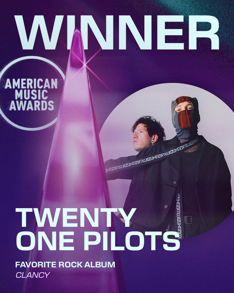 Hey <a href="/twentyonepilots/">twenty one pilots</a>! "Clancy" just won Favorite Rock Album at the #AMAs! 🏆