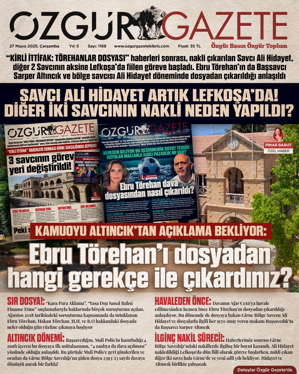 📌“KİRLİ İTTİFAK: TÖREHANLAR DOSYASI” haberleri sonrası, nakli çıkarılan Savcıdan Ali Hidayet, diğer 2 Savcının aksine Lefkoşa’da fiilen göreve başladı. Ebru Törehan’ın da Başsavcı Sarper Altıncık ve bölge savcısı Ali Hidayet döneminde dosyadan çıkarıldığı anlaşıldı

#Kıbrıs