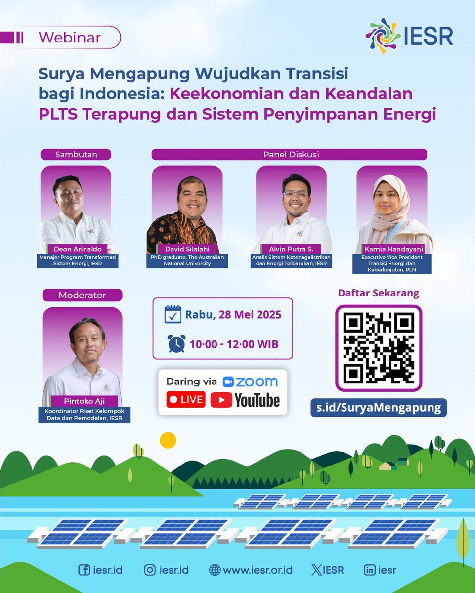 IESR's tweet photo. Sobat Essentials!

Pemerintah baru saja mengeluarkan Rencana Usaha Penyediaan Tenaga Listrik (#RUPTL) 2025-2034, yang di antaranya menargetkan pembangunan pembangkit energi surya (PLTS) 17,1 GW dan penyimpanan PLTA terpompa sebesar 6 GW. 

Pembangunan PLTS skala utilitas dapat pula berupa PLTS terapung beserta penyimpanan dayanya untuk mengatasi tantangan ketergantungan lahan. 

Bagaimana keandalan dan keekonomian PLTS terapung? Ikuti webinar "Surya Mengapung Wujudkan Transisi bagi Indonesia" pada:
🗓 Rabu, 28 Mei 2025
⏰️10.00–12.00 WIB

✅️Daftar: https://t.co/NSaZmaMPu1

#TransisiEnergi #PLTSTerapung #EnergiTerbarukan #suryamengapung