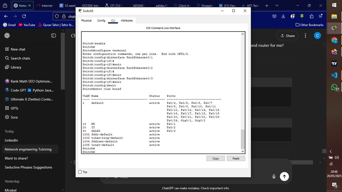 Chiemerie_Ulu's tweet image. Day 1 of Networking with ChatGPT: Learned about VLAN configuration and troubleshooting.

Learned how to configure inter-VLAN routing and practiced in Cisco Packet Tracer.
#100DaysOfNetworking
#NetworkEngineerInProgress
#ChatGPTForNetworking
#CiscoLabs
#CyberSecJourney