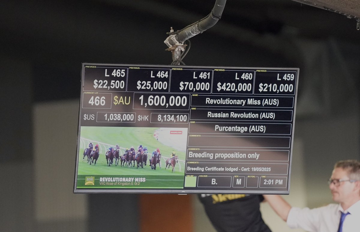 Newgate (@newgatefarm) on Twitter photo RUSSIAN REVOLUTION’s multiple Group winning daughter REVOLUTIONARY MISS sells for $1️⃣,6️⃣0️⃣0️⃣,0️⃣0️⃣0️⃣ at <a href="/mmsnippets/">Magic Millions</a> 🙌🏻
Lot 466 was purchased by Katsumi Yoshida💪🏼
Congratulations to vendor <a href="/yarramanpark/">Yarraman Park Stud</a> & all connections on this fantastic result! <a href="/TripleCrownSynd/">Triple Crown Syndications</a> 👏🏼👏🏼 RUSSIAN REVOLUTION’s multiple Group winning daughter REVOLUTIONARY MISS sells for $1️⃣,6️⃣0️⃣0️⃣,0️⃣0️⃣0️⃣ at <a href="/mmsnippets/">Magic Millions</a> 🙌🏻
Lot 466 was purchased by Katsumi Yoshida💪🏼
Congratulations to vendor <a href="/yarramanpark/">Yarraman Park Stud</a> & all connections on this fantastic result! <a href="/TripleCrownSynd/">Triple Crown Syndications</a> 👏🏼👏🏼