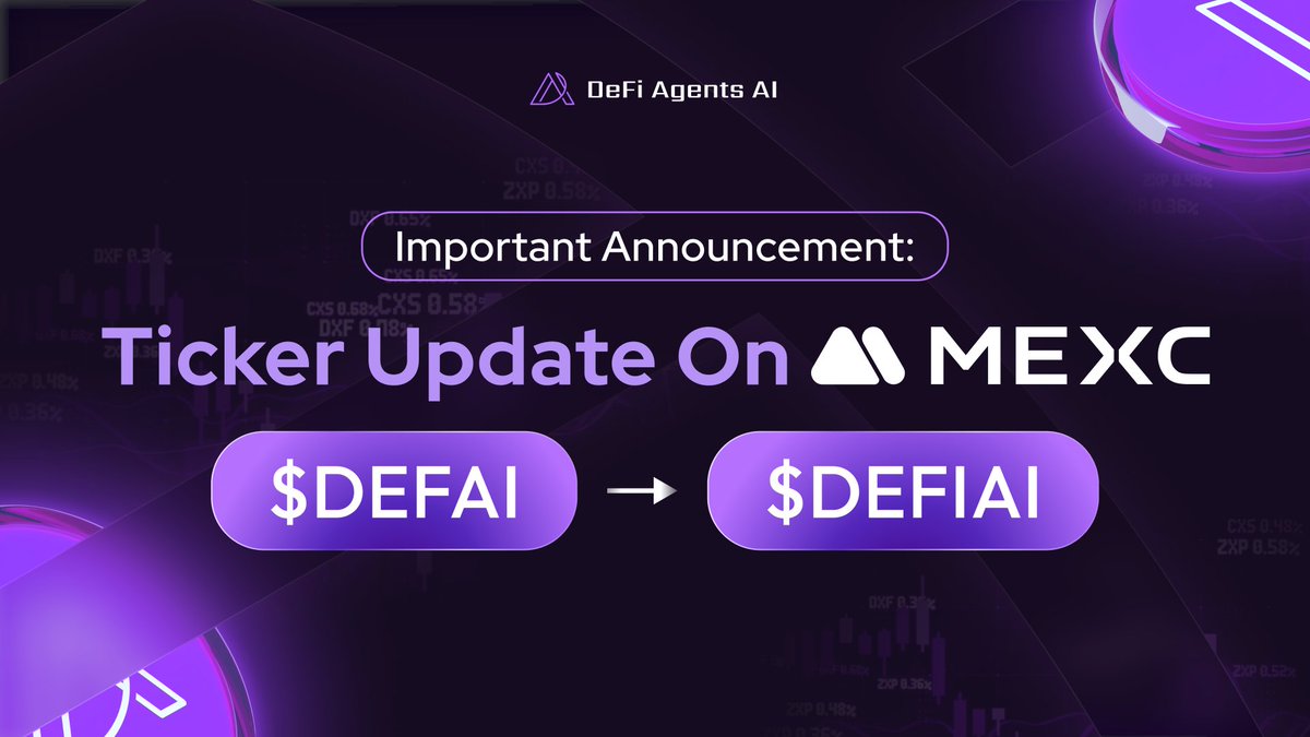 📢 [Ticker Update] $DEFAI ➝ $DEFIAI on <a href="/MEXC_Official/">MEXC</a> 

To improve naming clarity, MEXC will update the ticker for DeFi Agents AI:

➡️ $DEFAI will become $DEFIAI
📌 No migration required – contract address remains unchanged.

🔻 Important Times (UTC):
• May 21, 03:00 – Close