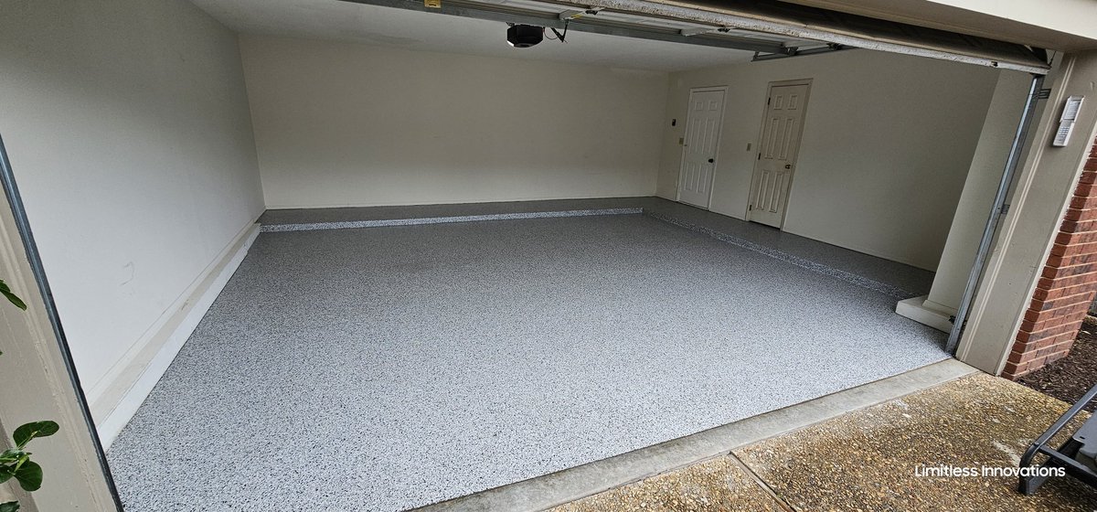 100% flake epoxy garage flooring applied using a 100% solids MPC epoxy base, pigmented light gray with Torginol Coyote color flakes, cast until rejection.  Finally, loose flakes are removed, and a 100% solids crystal-clear MPC epoxy topcoat is applied. #epoxygarage #epoxy