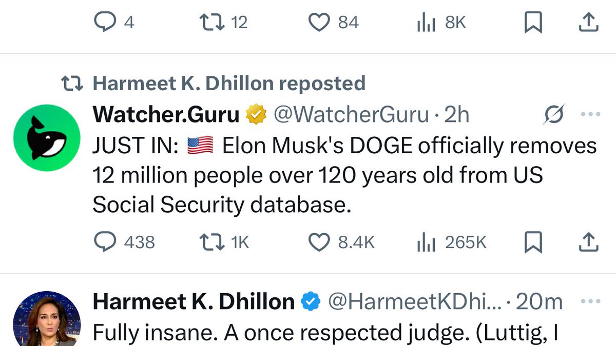 Harmeet Dhillon, a top DOJ official, retweets a post claiming that “Elon Musk’s DOGE” has removed people from the U.S. social security database. 

DOJ has told multiple federal judges that Musk does not lead DOGE and that he’s “not part of” the U.S. DOGE Service.
