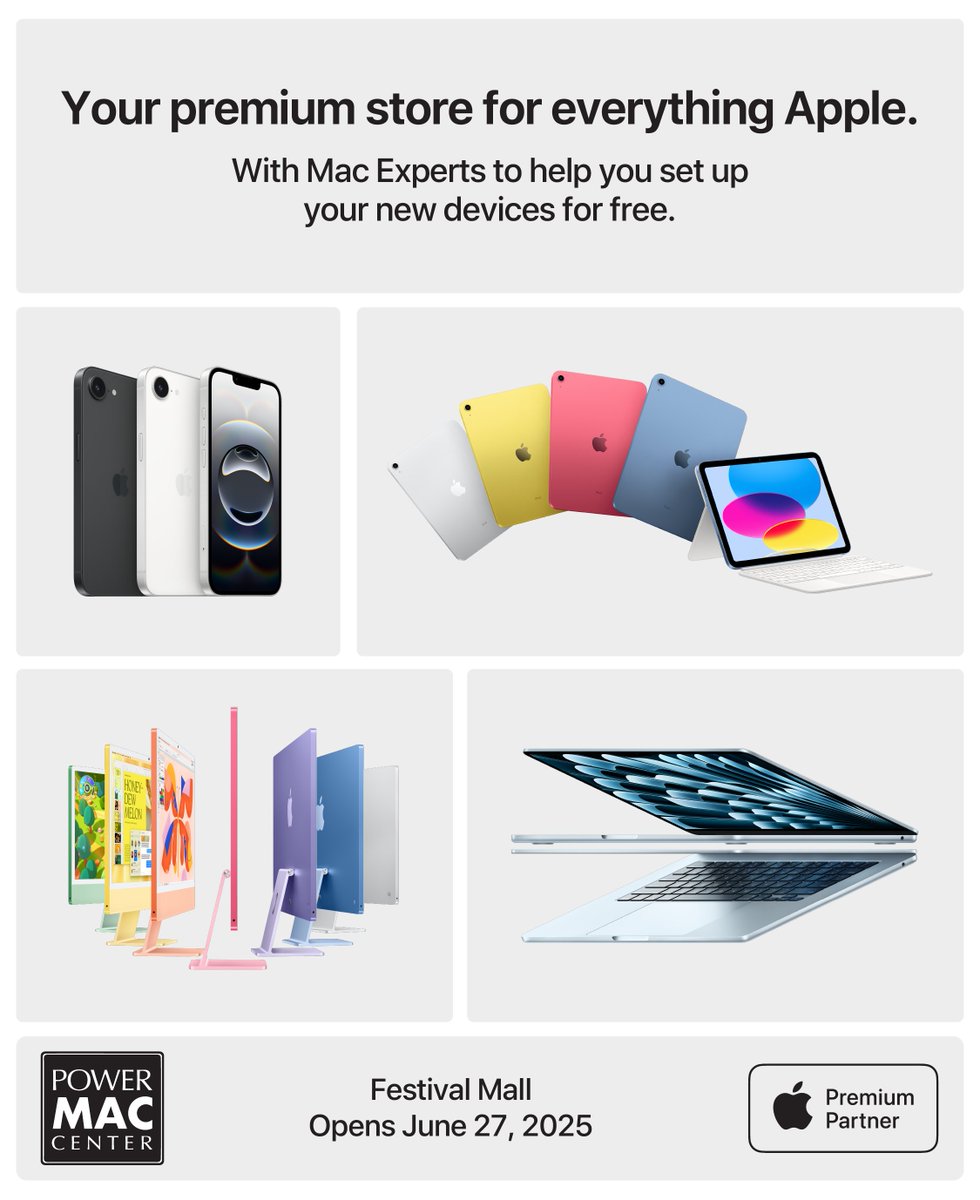 PowerMacCenter's tweet image. Everything Apple. Coming soon! 🔜

A better Apple experience is opening in the South! 🤩

📍 Festival Mall
🗓️ Opens June 27

#PowerMacCenter
#ApplePremiumPartner
#FestivalMall