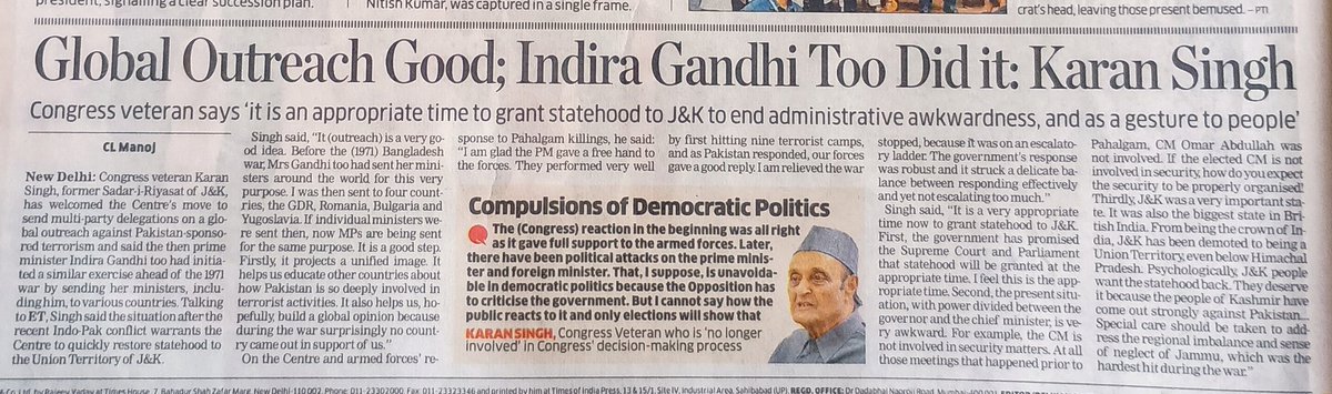 CLManojET's tweet image. Global outreach against Pakistan is a good step by Govt, Indira Gandhi too had done it: Congress veteran Karan Singh tells @ETPolitics. “It is an appropriate time now to grant Statehood to J&K".
m.economictimes.com/news/politics-…