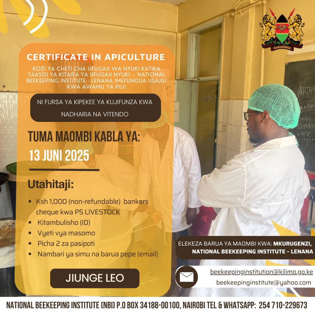 #AD
UNASUBIRI NINI?! JIUNGE NASI SASA.
Taasisi ya National Beekeeping inapania kukupatia elimu mahsusi kuhusiana na ufugaji wa nyuki kwa lengo la kuzalisha asali sawa na bidhaa nyingine zinazotokana na ufugaji.
