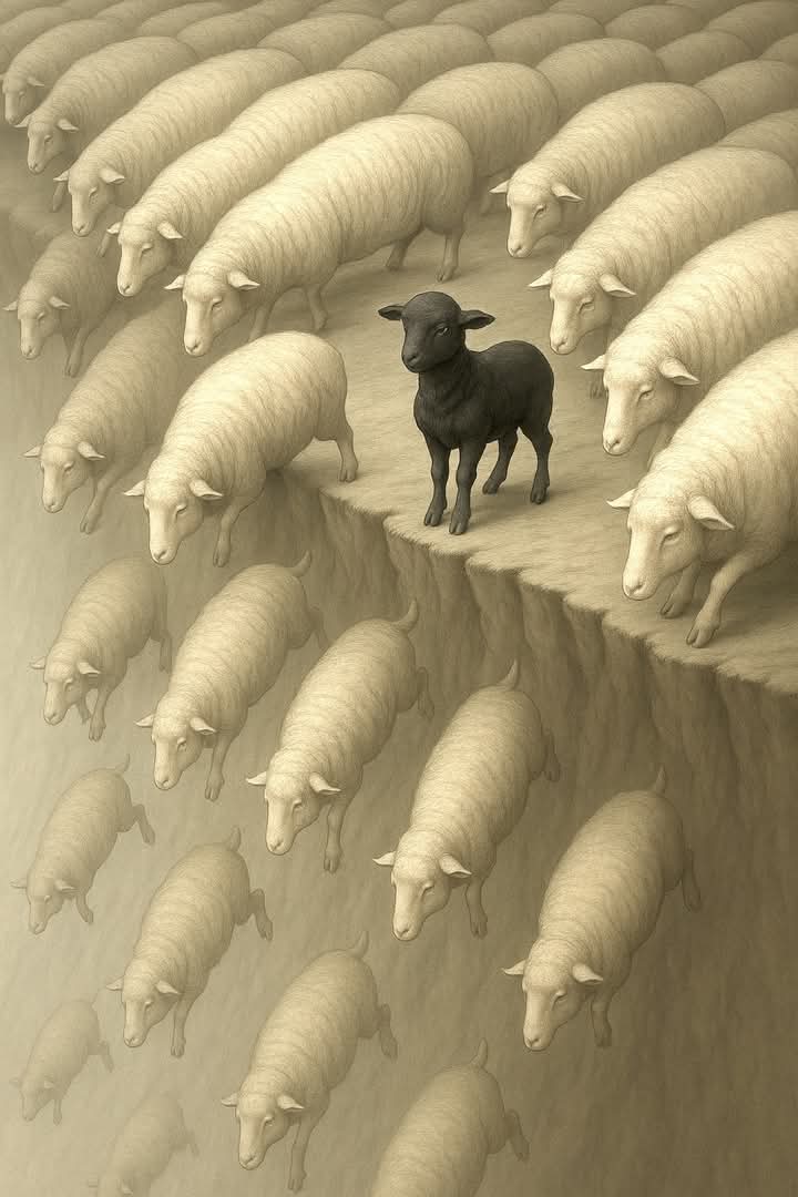 📸 Benvenuti nel gregge.

Milioni di pecore che si buttano nel burrone, ma col Green Pass.
Tutte uguali, tutte obbedienti, tutte convinte che il baratro sia progresso.
E poi c'è lei. La pecora nera. Quella che si ferma, pensa, rompe le palle al pastore e non si butta.
La chiamano