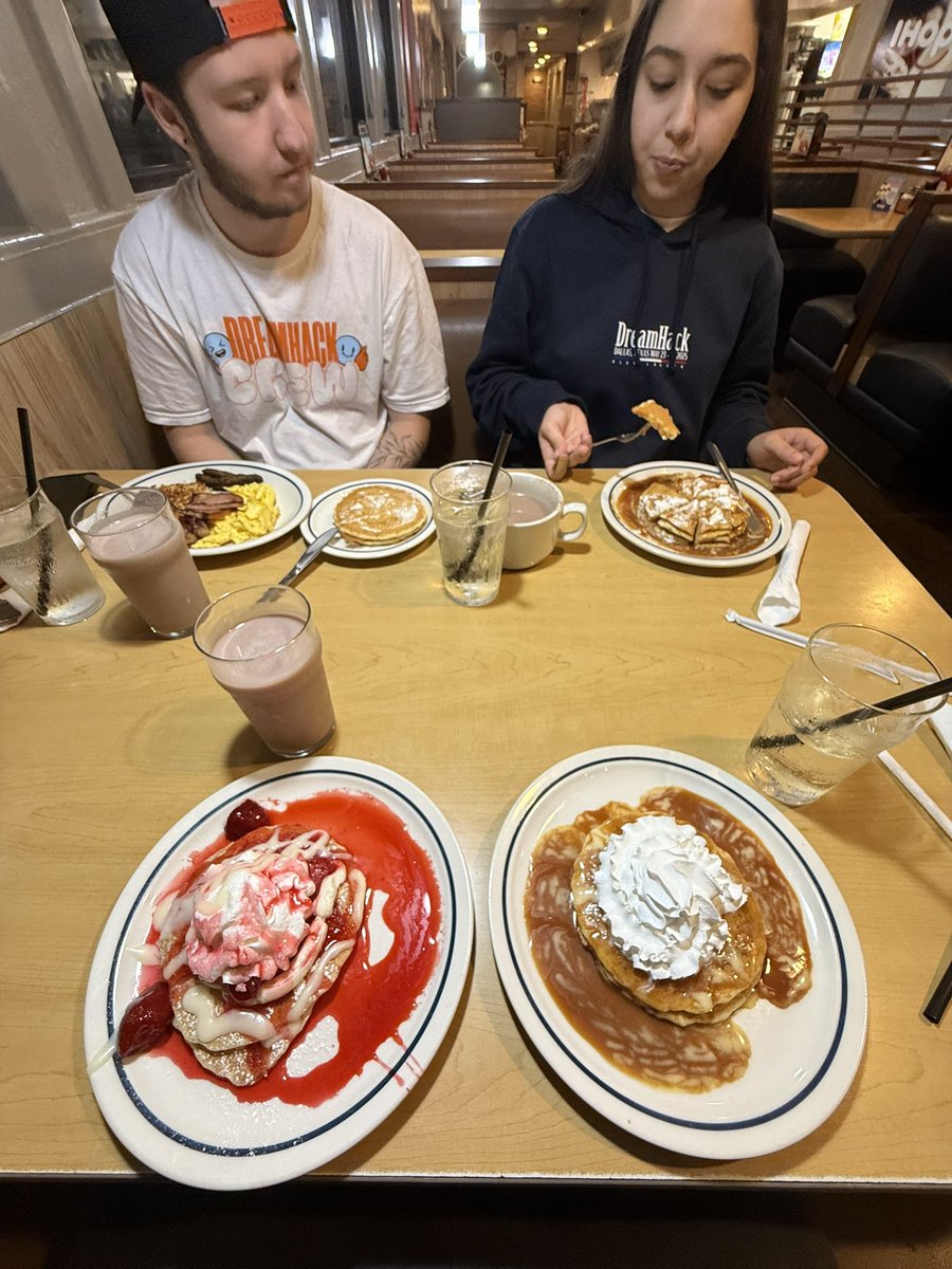 10 hours at the airport, flight delayed 5 times, cancelled, and rebooked for THURSDAY. got it handled, safely booked in a new hotel, taking a victory lap at ihop and this chocolate milk has never hit harder.