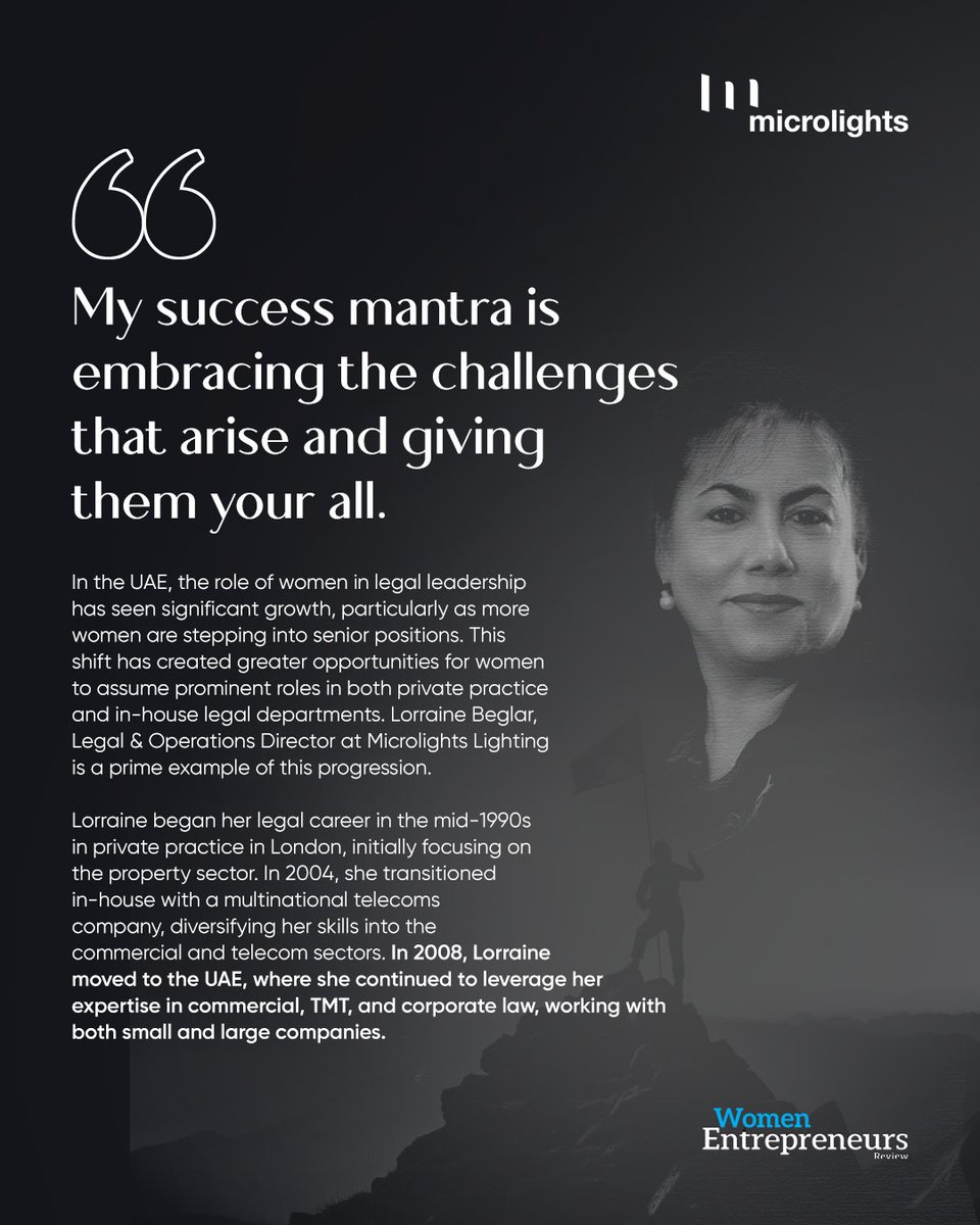 MicrolightsL's tweet image. At #Microlights, our values—Teamwork, Passion, Innovation &amp;amp; Listening—guide everything we do.

Lorraine Beglar, our Legal &amp;amp; Ops Director, has been key in bringing these to life—from a legal career in London to leading with vision &amp;amp; resilience in #Dubai.

#WomenEntrepreneursReview