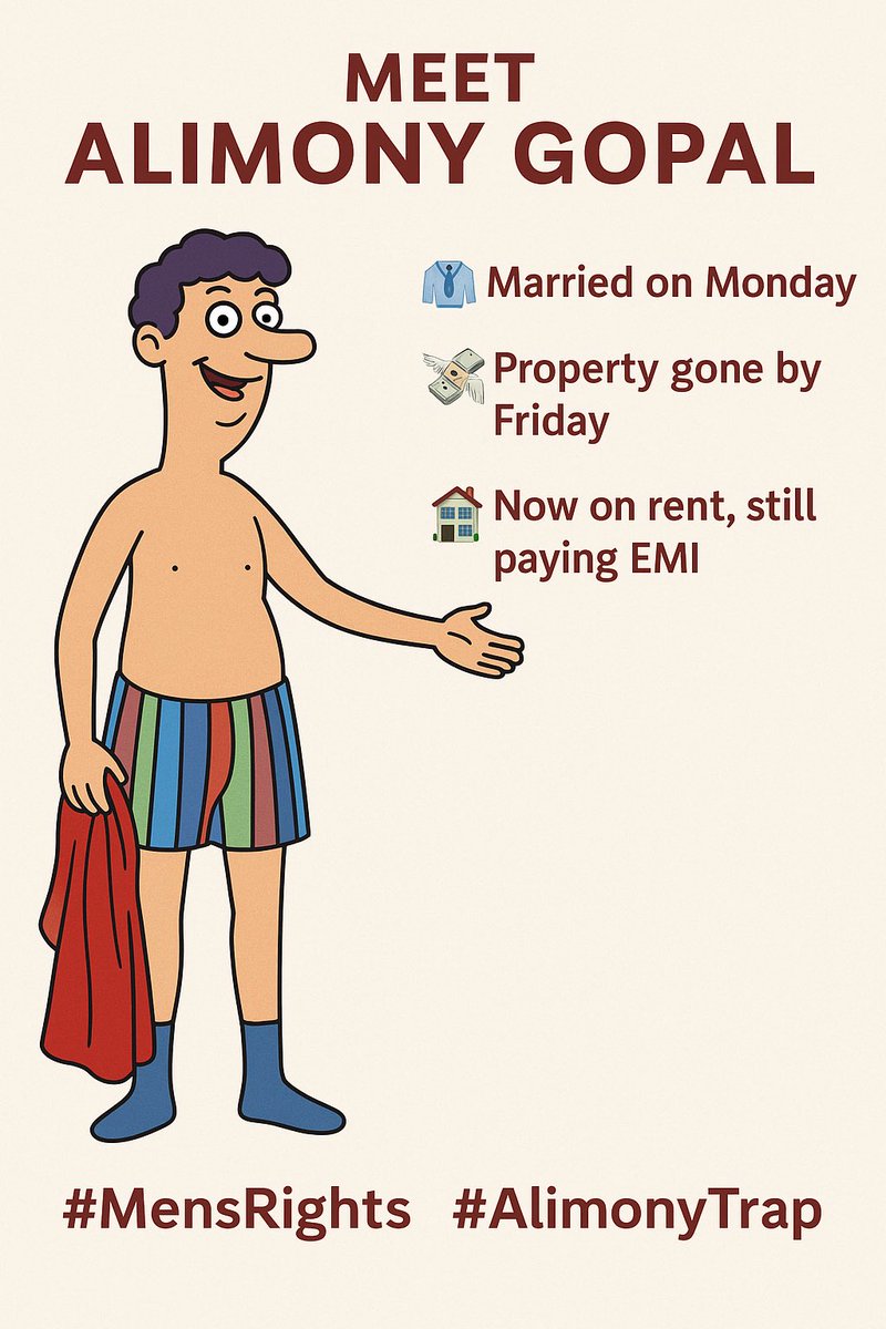 Alimony Gopal was a husband.
Now he’s a hashtag.
#1CroreAlimony #AlimonyGopal 

💸 He paid for the wedding.
💰 He bought the house.
🏦 He funded the lifestyle.
🧾 Then, he paid her forever — even after divorce.
Welcome to modern matrimony economics.
#AlimonyGopal #MarriageLaws