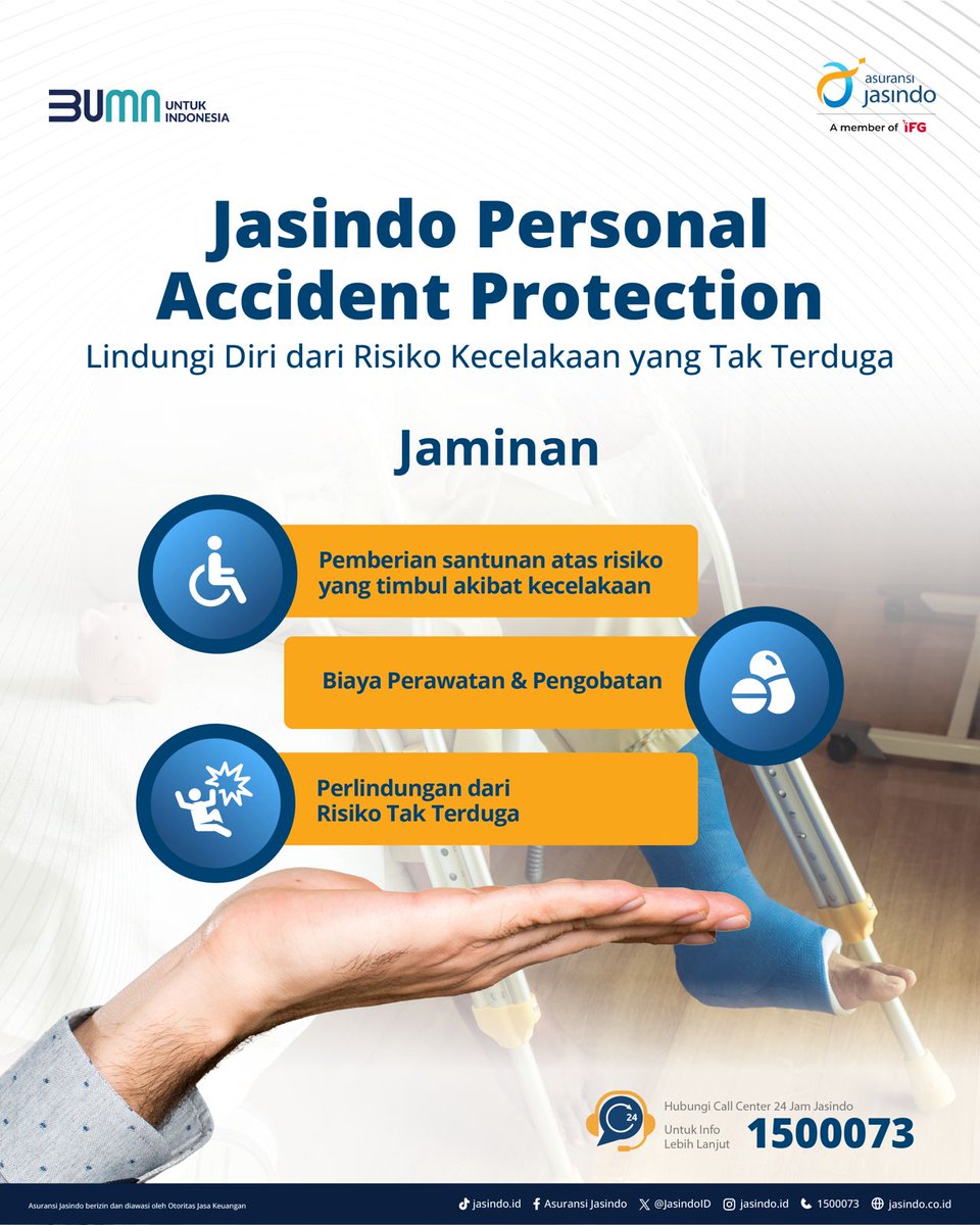 🚫 Tak ada yang ingin celaka, tapi kita selalu bisa memilih untuk waspada.
Dengan Jasindo Personal Accident Protection, kamu bisa melangkah lebih tenang karena terlindungi dari berbagai risiko.

⏳ Jangan tunggu sampai kejadian.
📞 Hubungi 1500073 sekarang untuk info lengkapnya