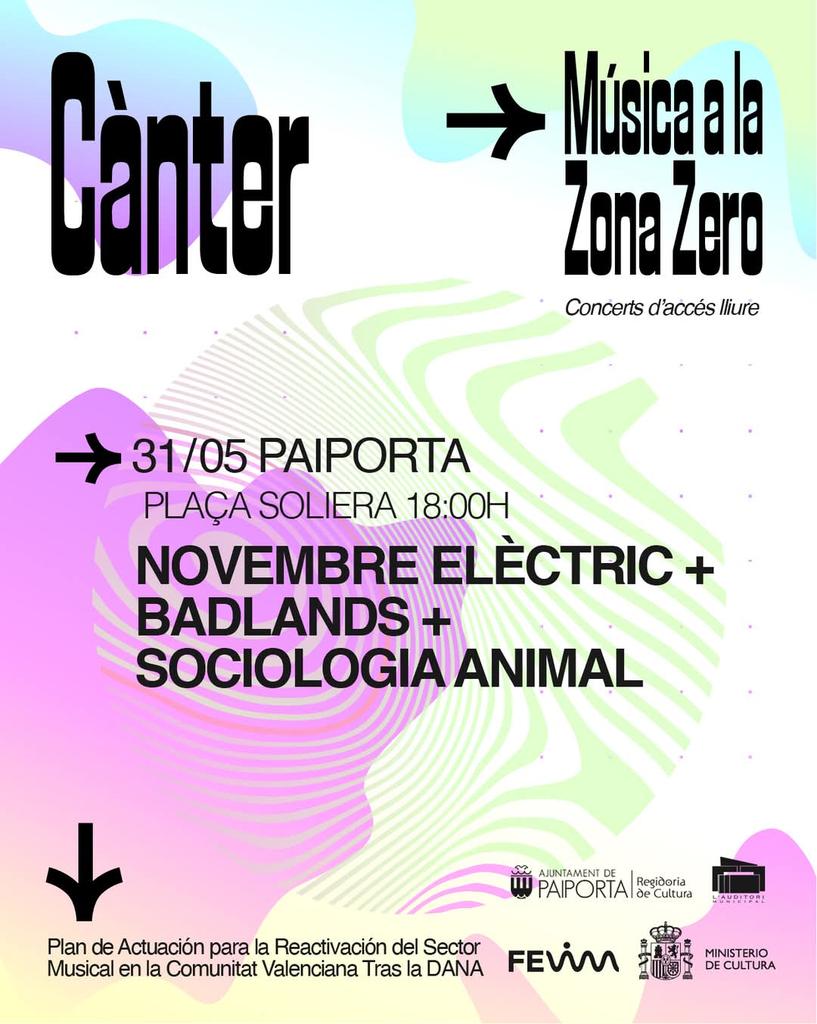 Auditori de Paiporta (@auditoripaiport) on Twitter photo 📆 Dissabte 31 de maig
🕖 18.00 h
📌 Pl. Soliera
🎤🎸🥁Música a la Zona Zero
Amb la actuació de Novembre Elèctric, Badlands i Sociologia Animal
#AuditoriPaiporta #AuditoriAlCarrer #CulturaPaiporta #Paiporta 📆 Dissabte 31 de maig
🕖 18.00 h
📌 Pl. Soliera
🎤🎸🥁Música a la Zona Zero
Amb la actuació de Novembre Elèctric, Badlands i Sociologia Animal
#AuditoriPaiporta #AuditoriAlCarrer #CulturaPaiporta #Paiporta