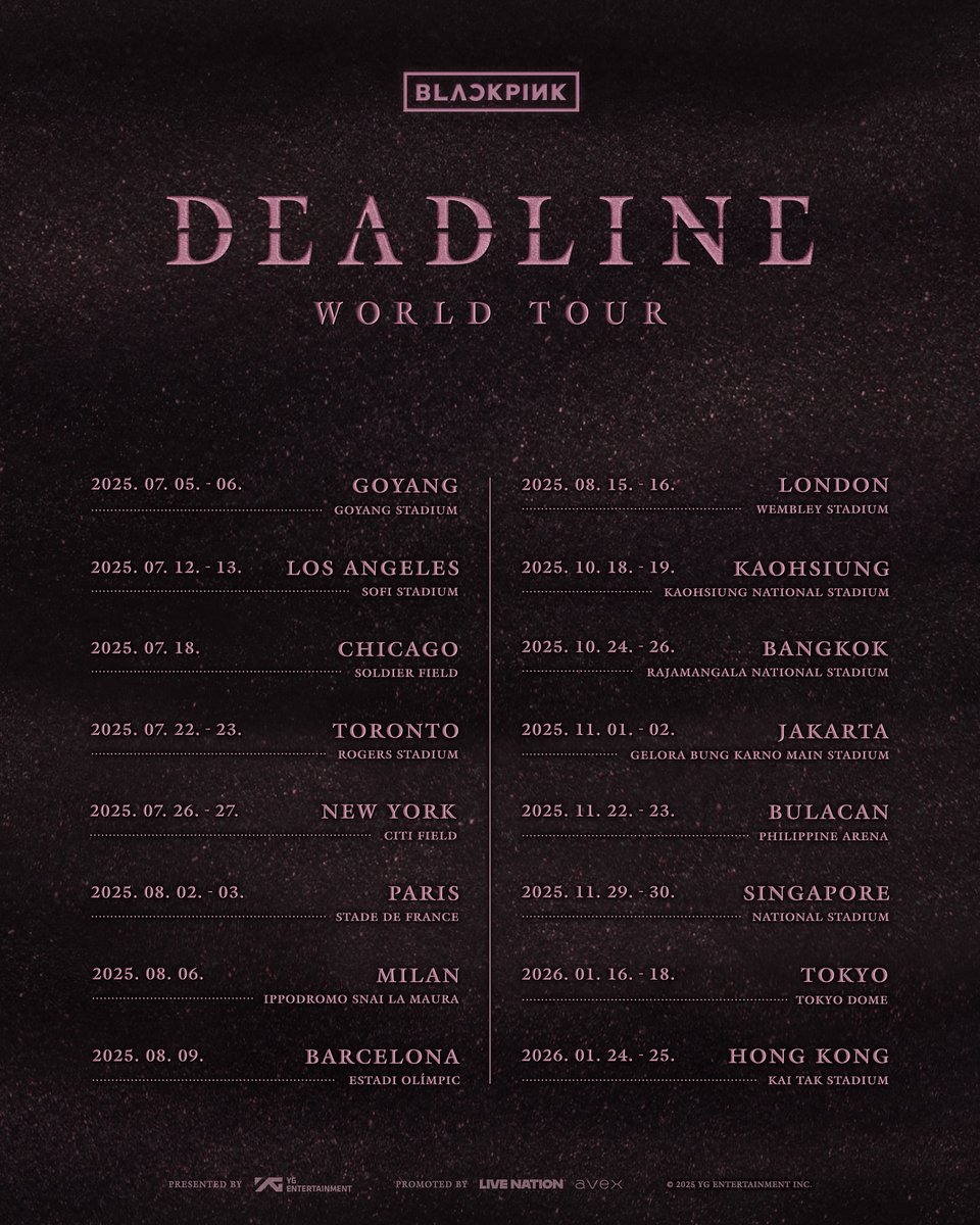 Blackpink Deadline World Tour

Singapore ✅
Indonesia ✅
Thailand ✅
Malaysia ❌