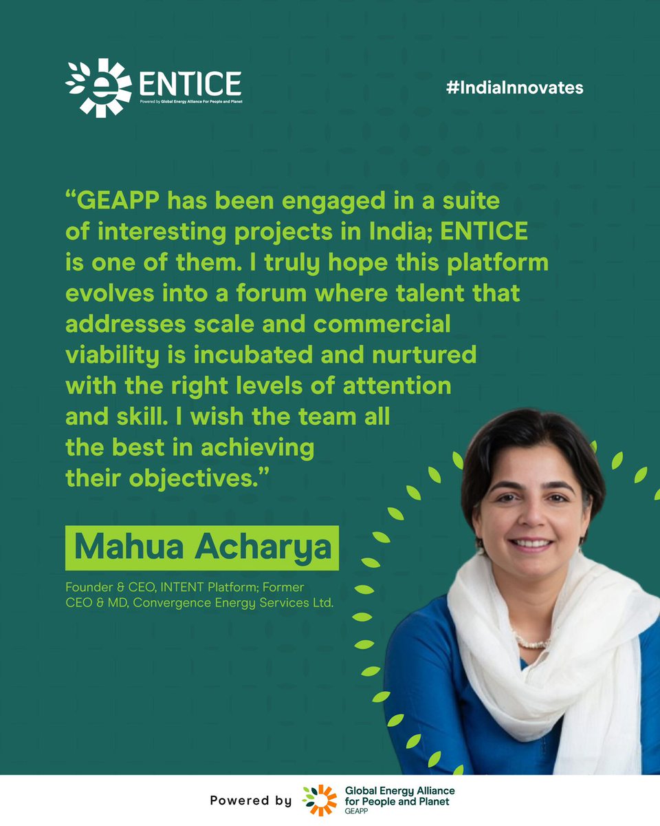 EnticeChallenge's tweet photo. Second time member of the jury for ENTICE, let's hear from @mahuaacharya on how the program can help bolster innovation and scale in the energy sector.

🔗 Visit: https://t.co/zzaakzEprw

#IndiaInnovates

@EnergyAlliance 
@INTENT_Platform 
@startupindia 
@DPIITGoI https://t.co/5icACxEtPO